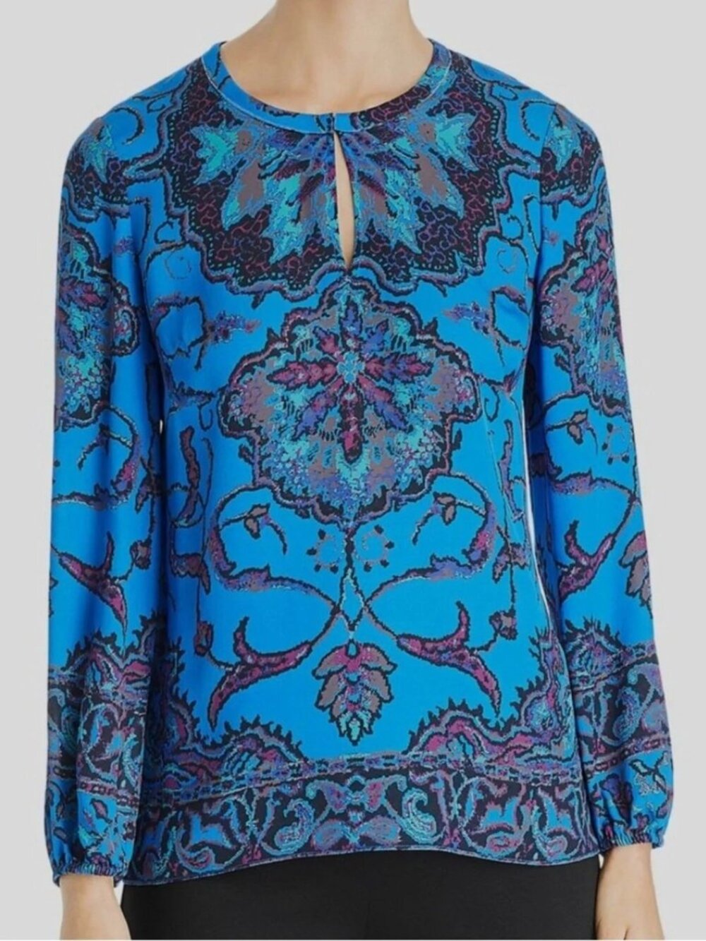 Kobi Halperin Jayden Blue 100% Silk Keyhole Boho Print Blouse Top XS